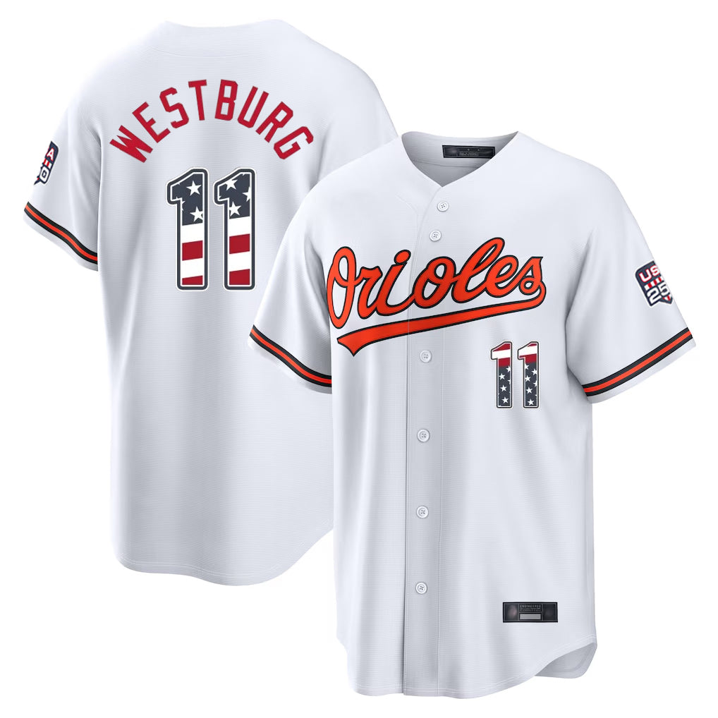 Keante B.Orioles #11 Jordan Westburg Player White USA 250 Fourth of July Home Game Stitched Jerseys