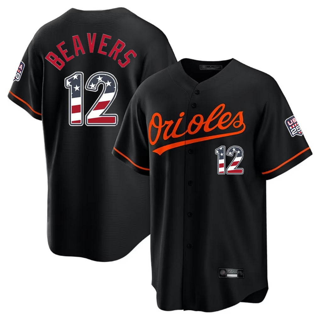Keante B.Orioles #12 Dylan Beavers Player Black USA 250 Fourth of July Home Game Stitched Jerseys