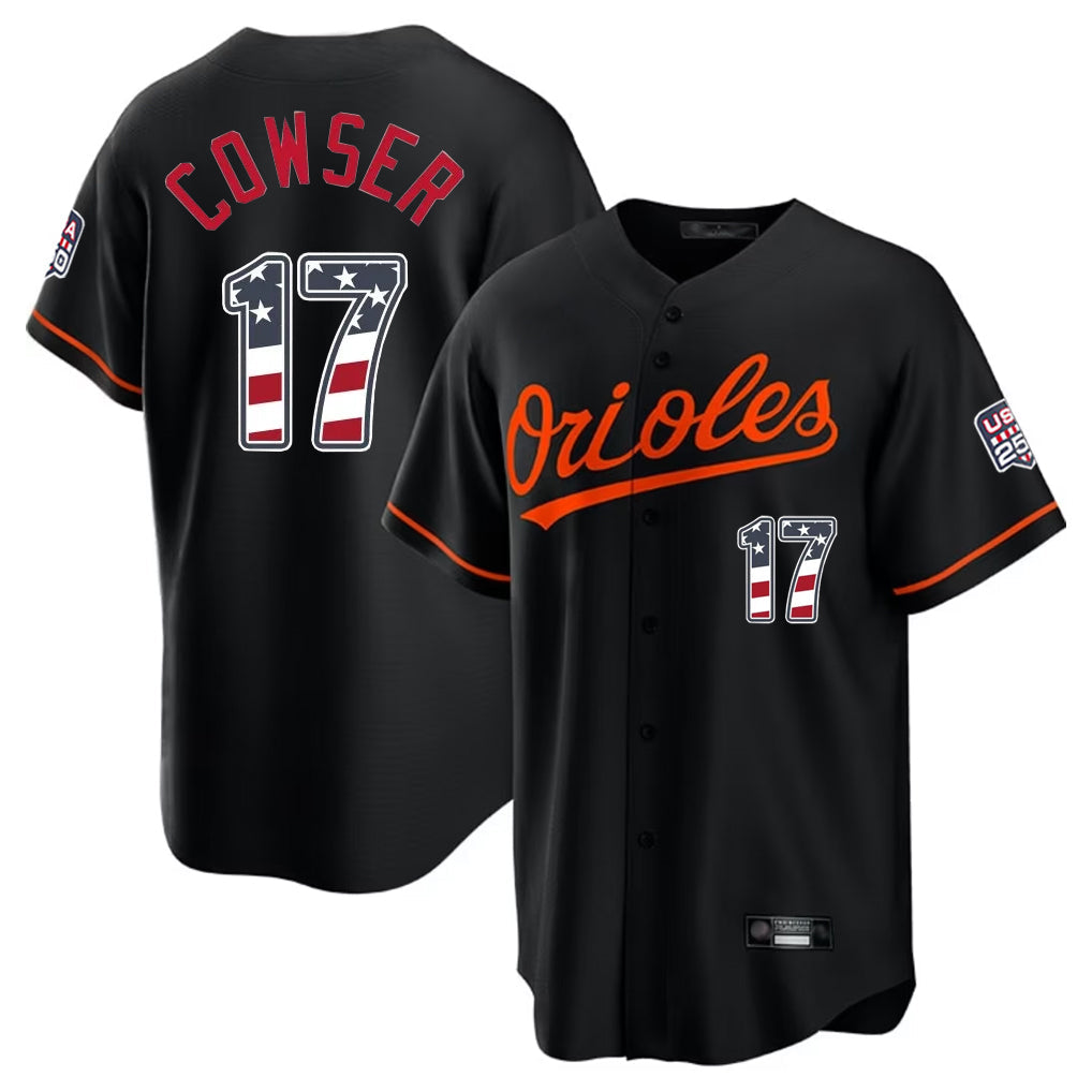 Keante B.Orioles #17 Colton Cowser Player Black USA 250 Fourth of July Home Game Stitched Jerseys