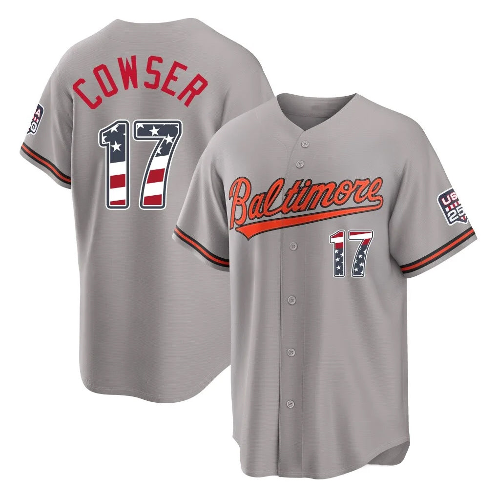 Keante B.Orioles #17 Colton Cowser Player Gray USA 250 Fourth of July Home Game Stitched Jerseys