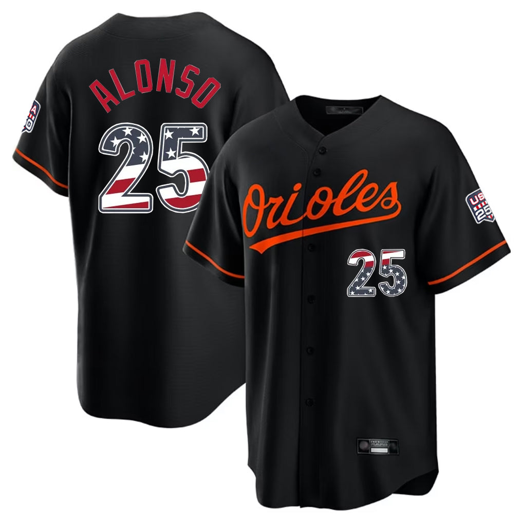 Keante B.Orioles #25 Pete Alonso Player Black USA 250 Fourth of July Home Game Stitched Jerseys