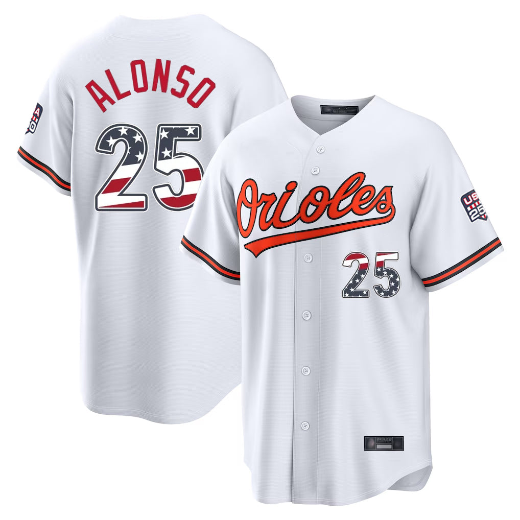 Keante B.Orioles #25 Pete Alonso Player White USA 250 Fourth of July Home Game Stitched Jerseys