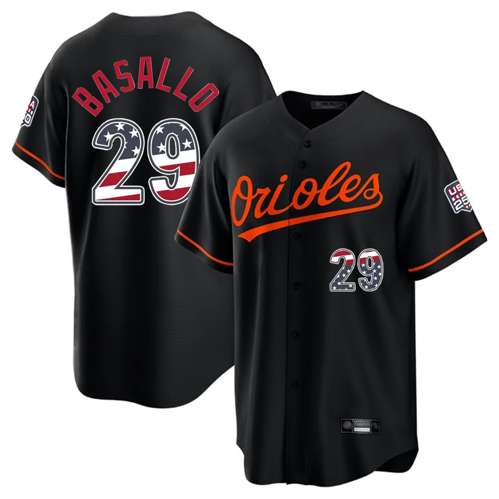 Keante B.Orioles #29 Samuel Basallo Player Black USA 250 Fourth of July Home Game Stitched Jerseys
