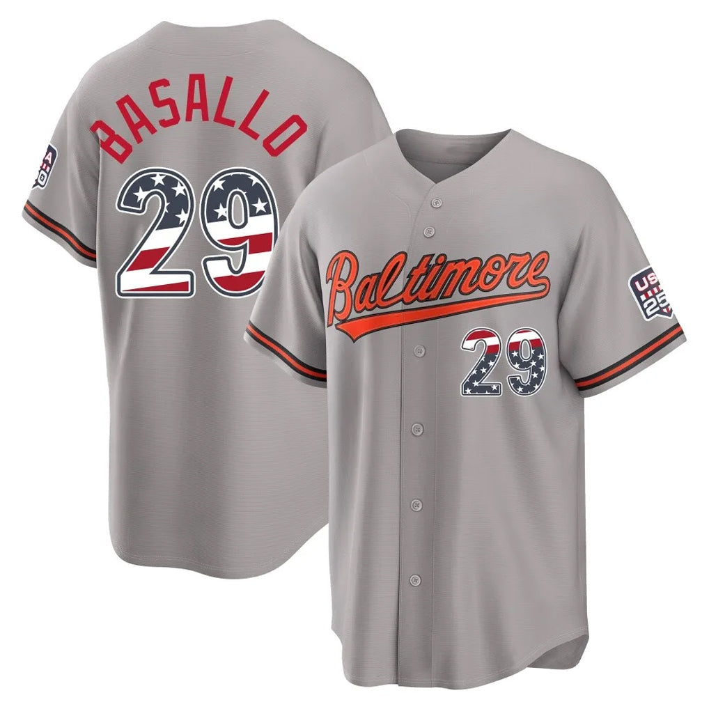 Keante B.Orioles #29 Samuel Basallo Player Gray USA 250 Fourth of July Home Game Stitched Jerseys