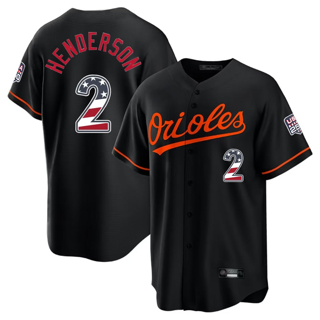 Keante B.Orioles #2 Gunnar Henderson Player Black USA 250 Fourth of July Home Game Stitched Jerseys