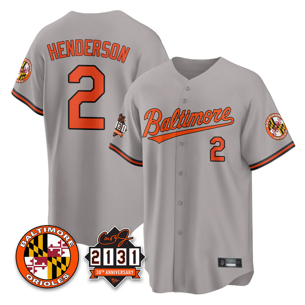 Keante B.Orioles #2 Gunnar Henderson Player Gray 30th Anniversary of 2131 Home Game Stitched Jerseys