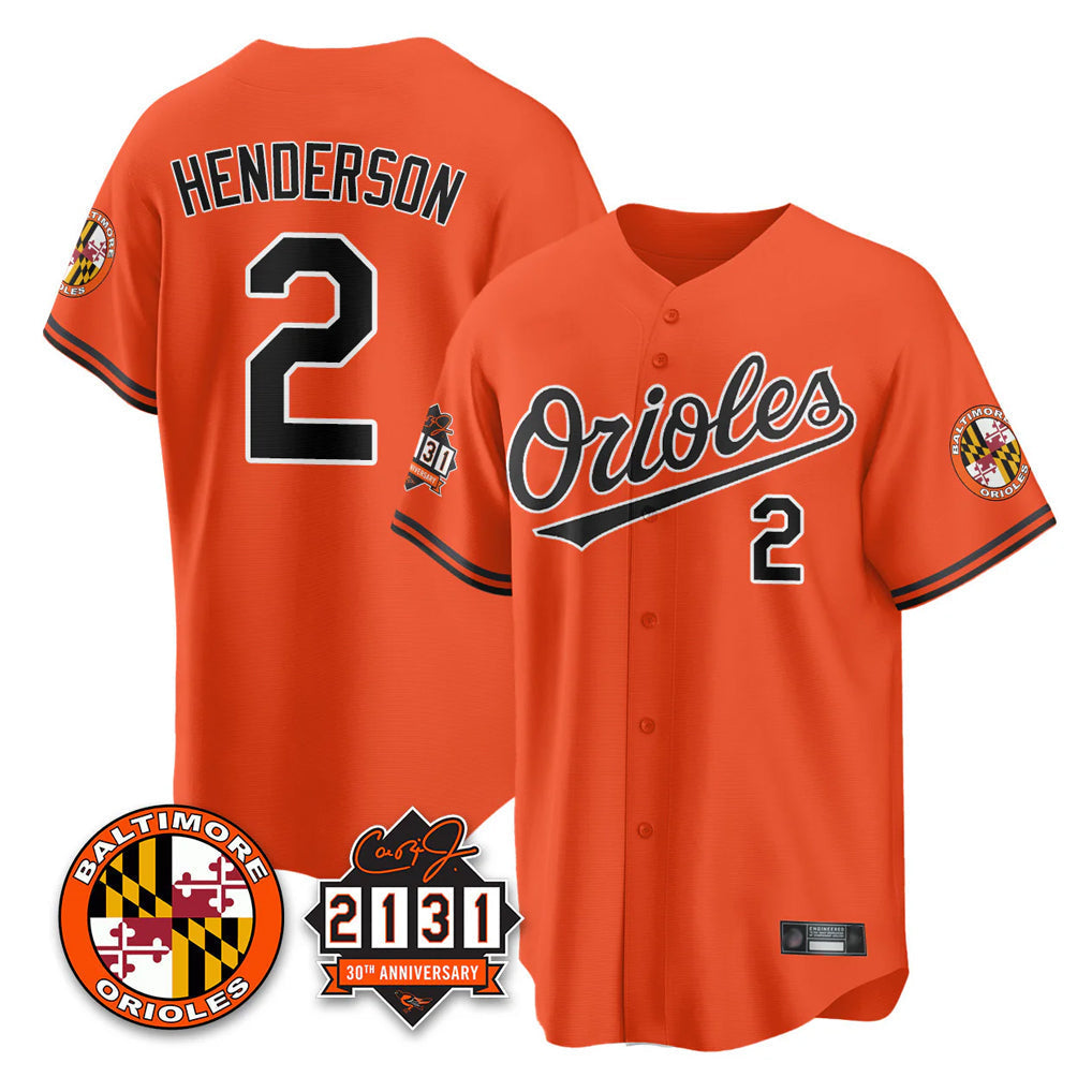 Keante B.Orioles #2 Gunnar Henderson Player Orange 30th Anniversary of 2131 Home Game Stitched Jerseys