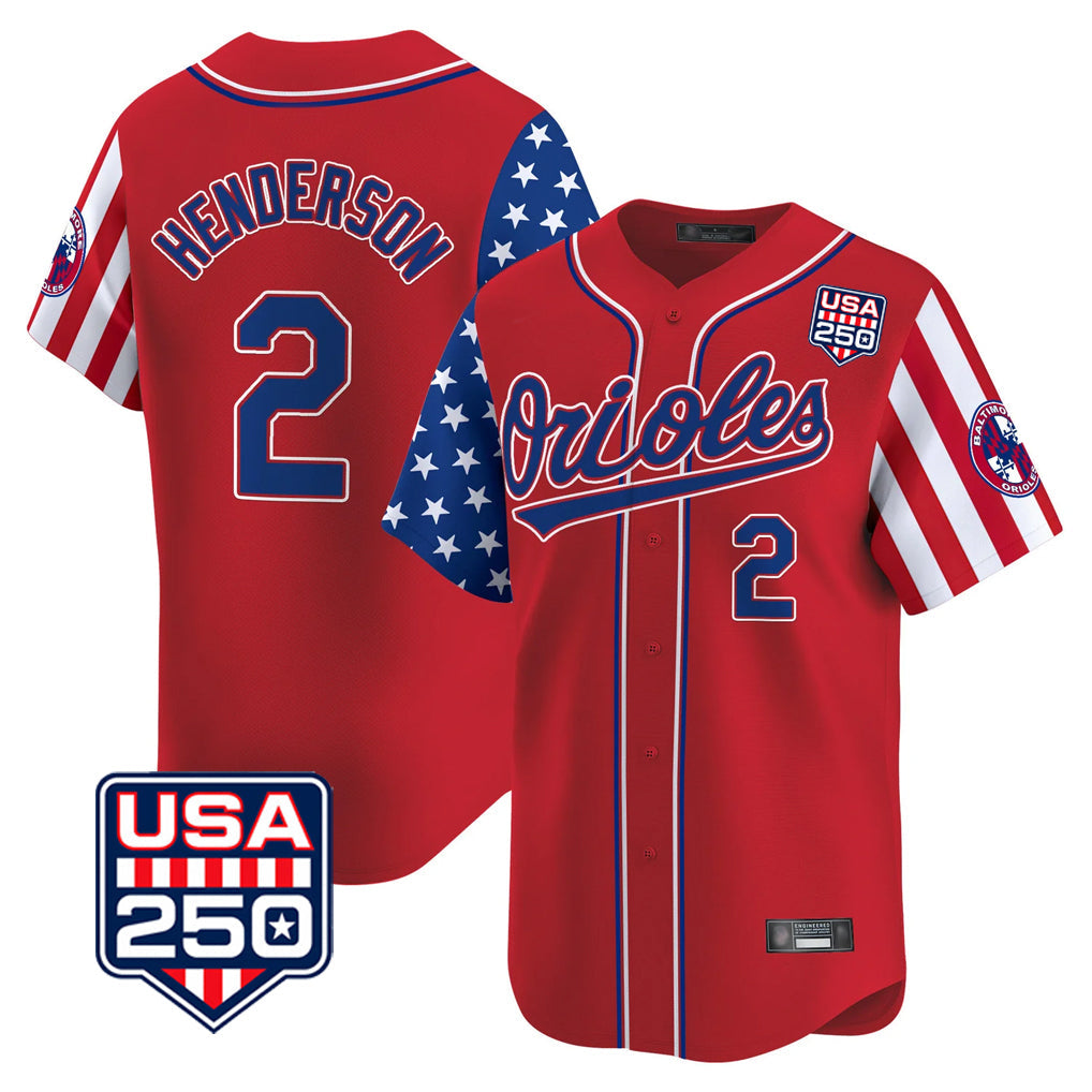 Keante B.Orioles #2 Gunnar Henderson Player Red USA 250 Independence Day Vapor Premier Limited Home Game Stitched Jerseys