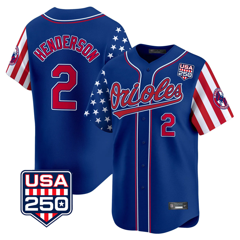 Keante B.Orioles #2 Gunnar Henderson Player Royal USA 250 Independence Day Vapor Premier Limited Home Game Stitched Jerseys