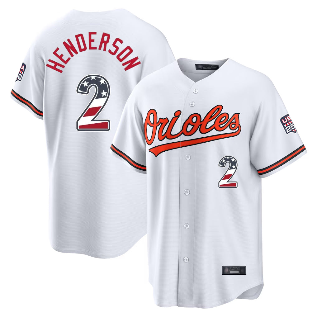Keante B.Orioles #2 Gunnar Henderson Player White USA 250 Fourth of July Home Game Stitched Jerseys
