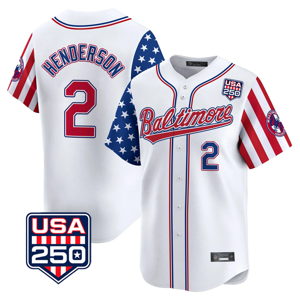 Keante B.Orioles #2 Gunnar Henderson Player White USA 250 Independence Day Vapor Premier Limited Home Game Stitched Jerseys