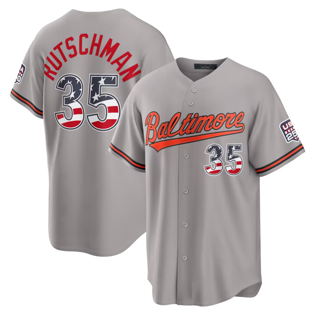 Keante B.Orioles #35 Adley Rutschman Gray USA 250 Fourth of July Road Stadium Jersey