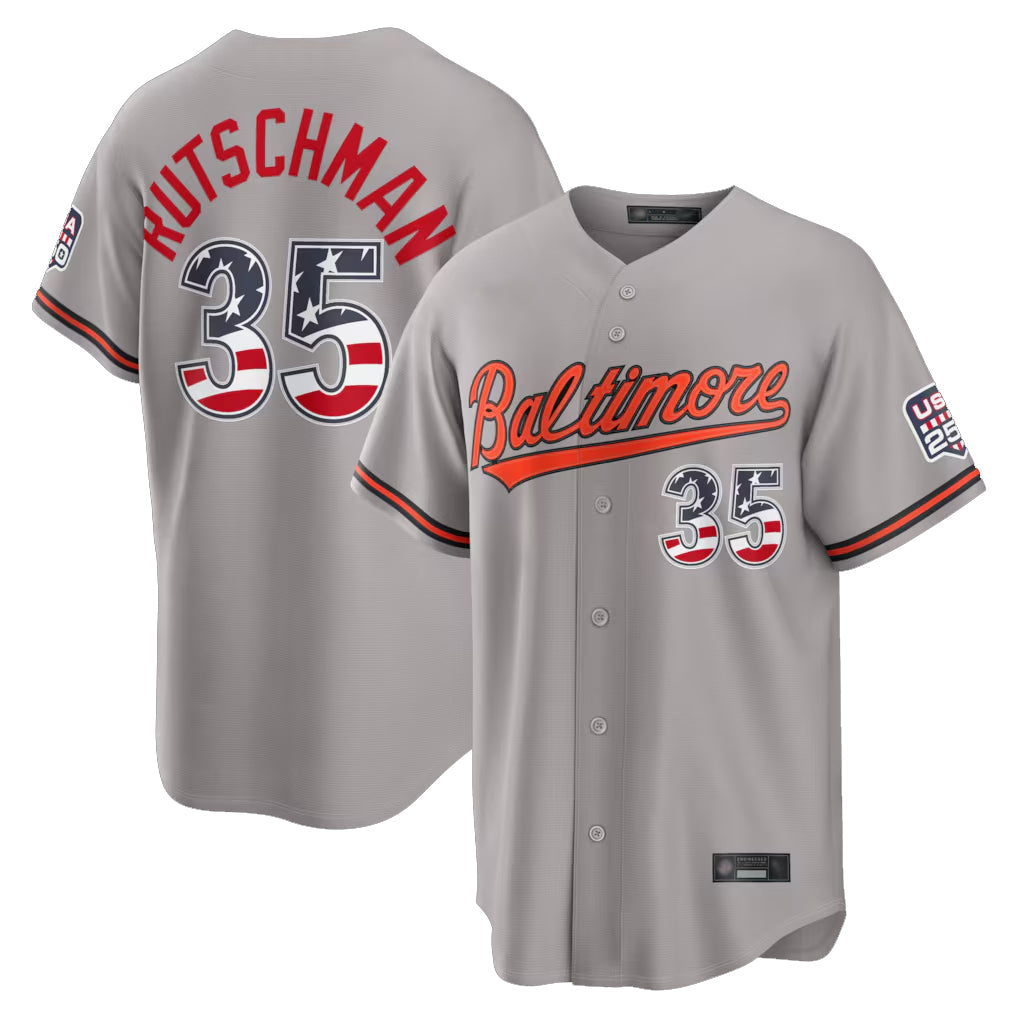Keante B.Orioles #35 Adley Rutschman Gray USA 250 Fourth of July Home Game Stitched Jerseys