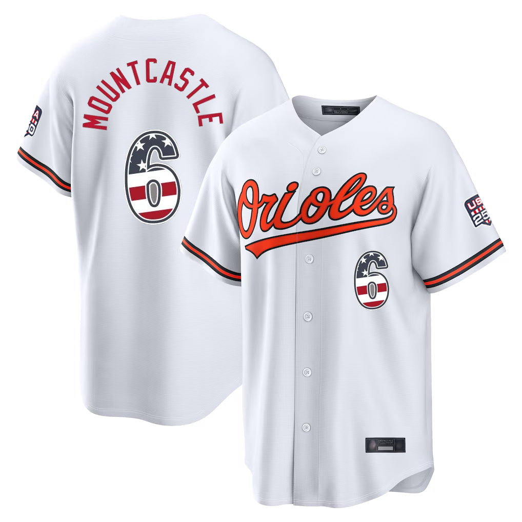 Keante B.Orioles #6 Ryan Mountcastle Player White USA 250 Fourth of July Home Game Stitched Jerseys