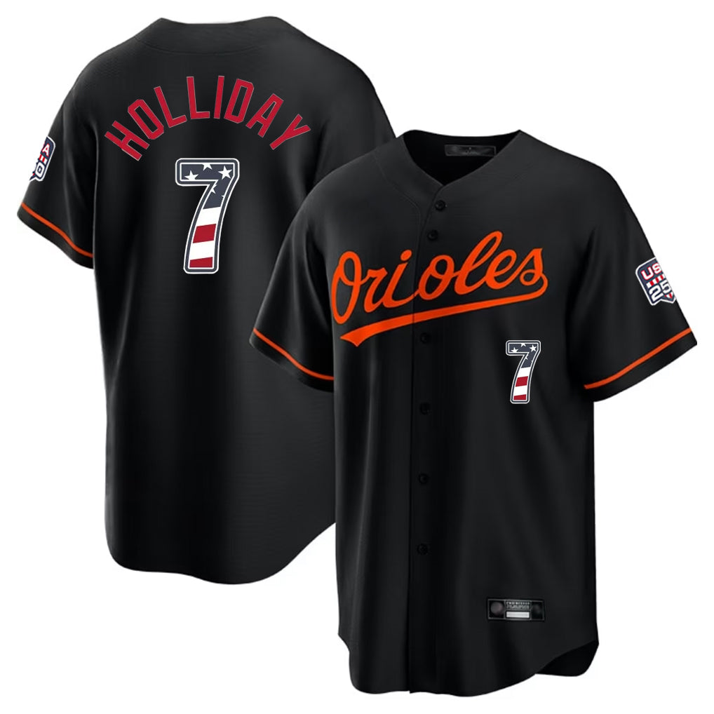 Keante B.Orioles #7 Jackson Holliday Player Black USA 250 Fourth of July Home Game Stitched Jerseys