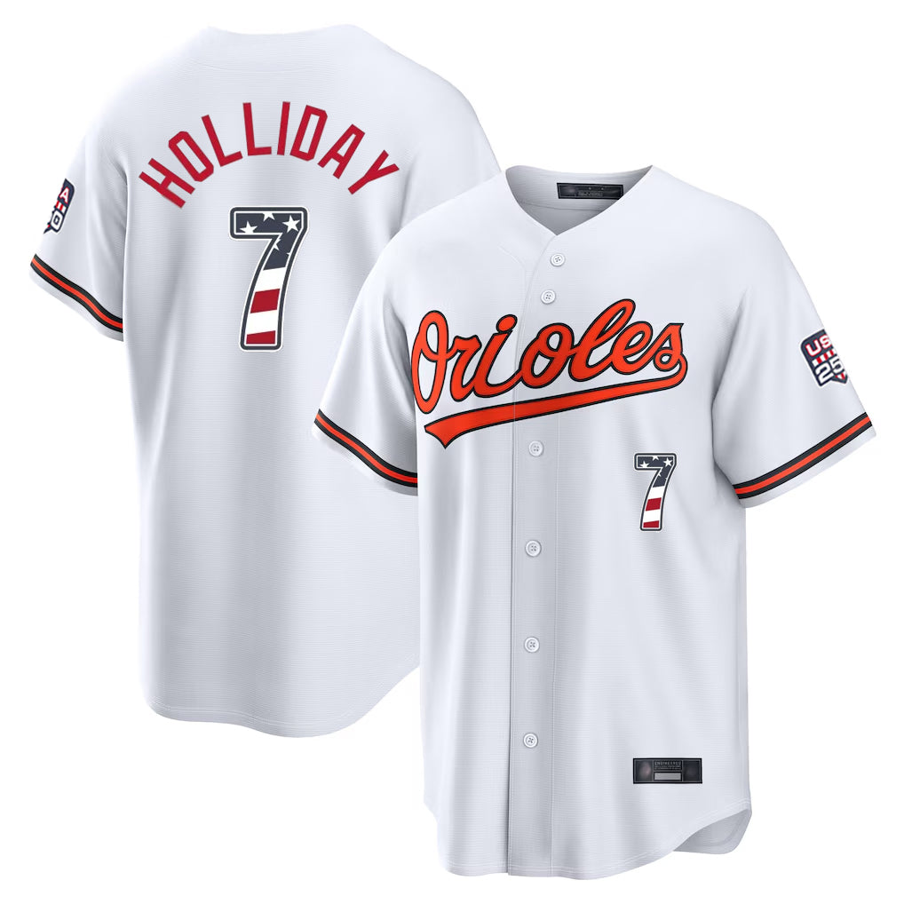 Keante B.Orioles #7 Jackson Holliday Player White USA 250 Fourth of July Home Game Stitched Jerseys