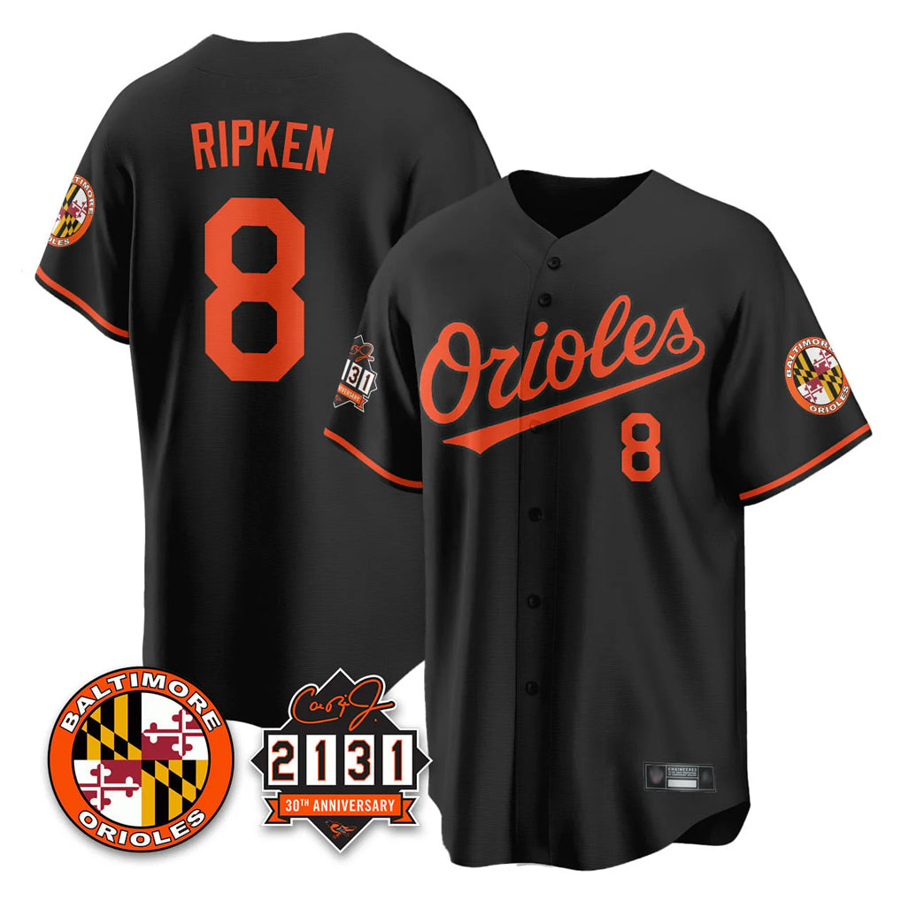 Keante B.Orioles #8 Cal Ripken Player Black 30th Anniversary of 2131 Home Game Stitched Jerseys