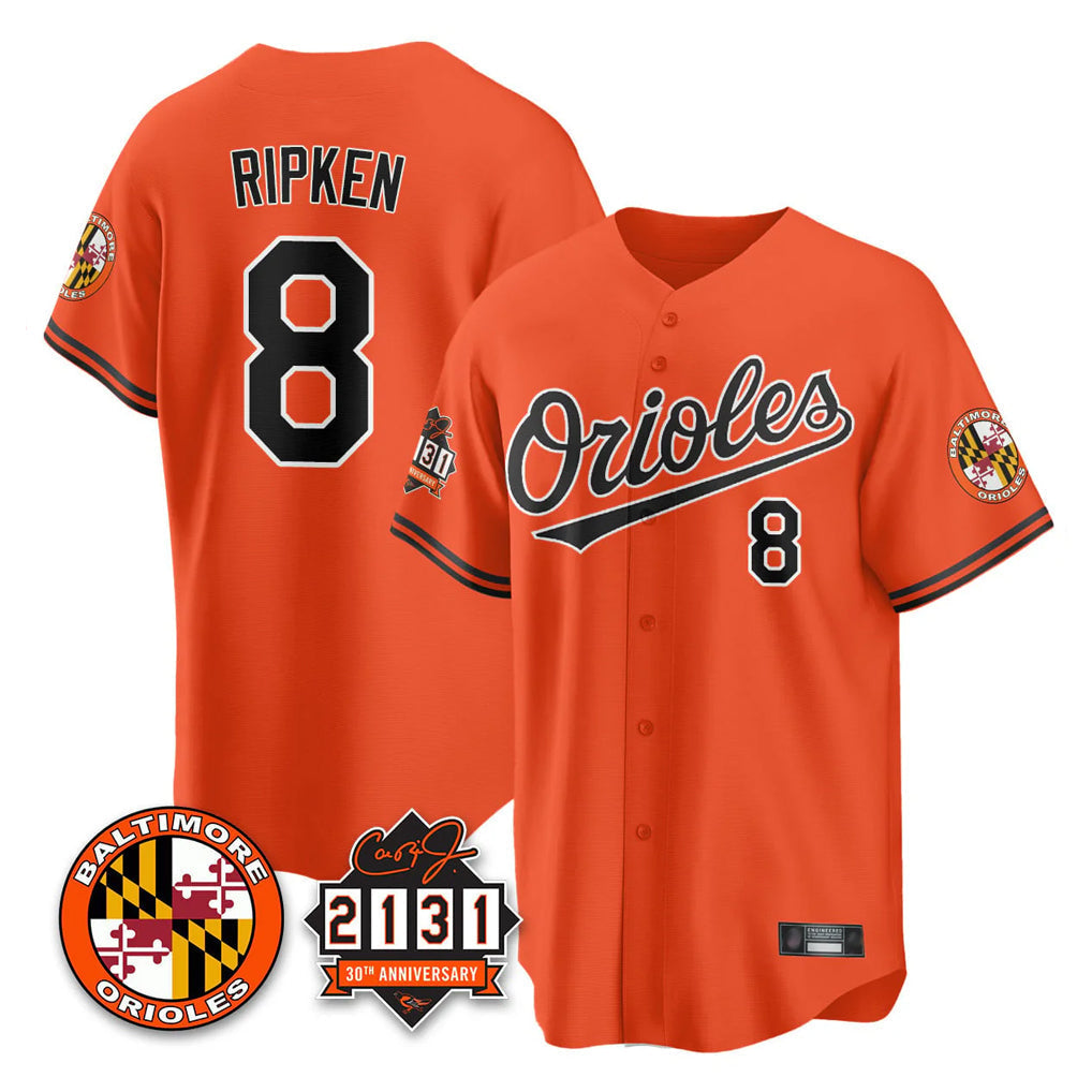 Keante B.Orioles #8 Cal Ripken Player Orange 30th Anniversary of 2131 Home Game Stitched Jerseys