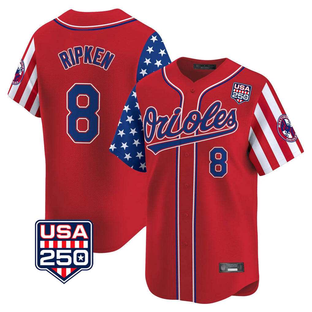Keante B.Orioles #8 Cal Ripken Player Red USA 250 Independence Day Vapor Premier Limited Home Game Stitched Jerseys