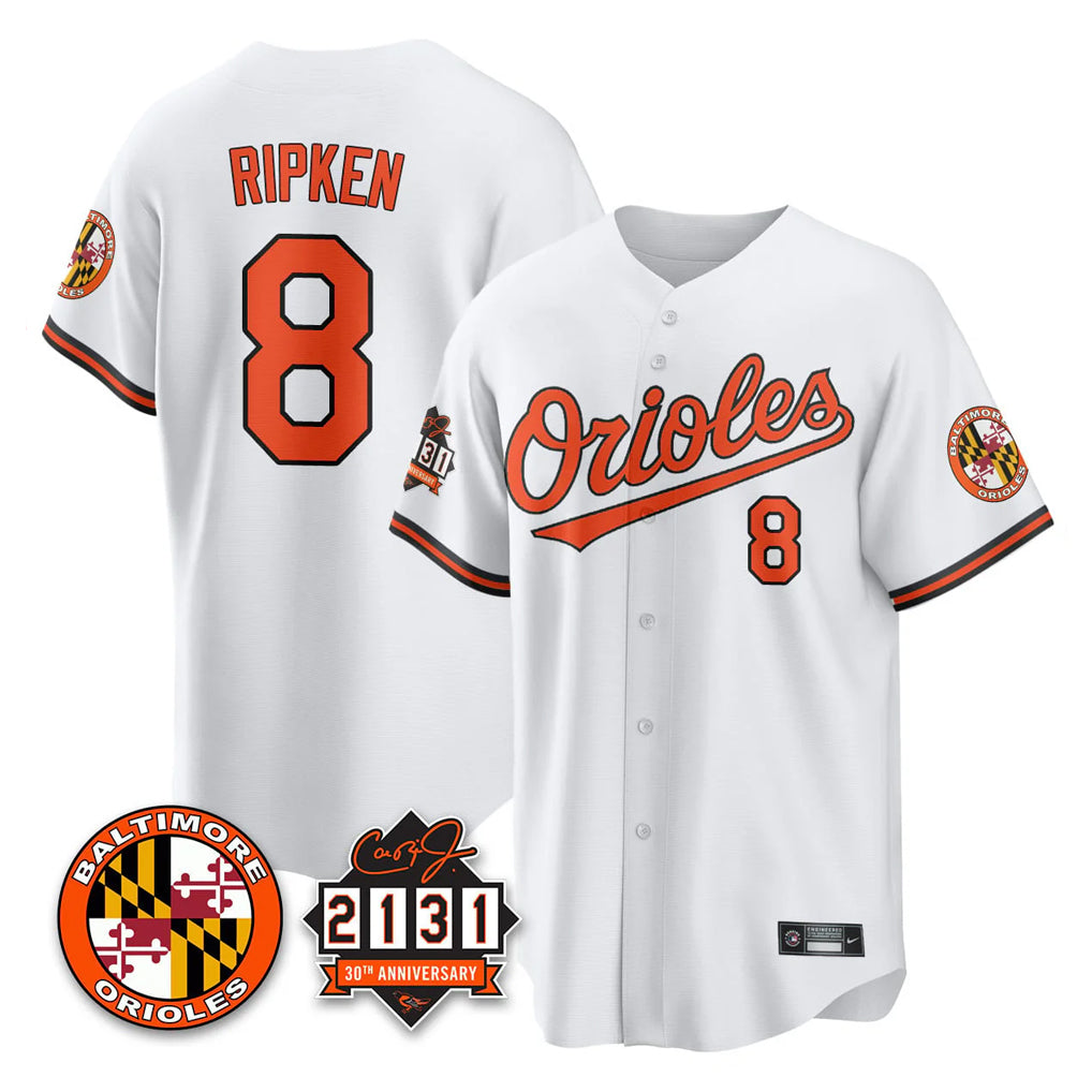 Keante B.Orioles #8 Cal Ripken Player White 30th Anniversary of 2131 Home Game Stitched Jerseys