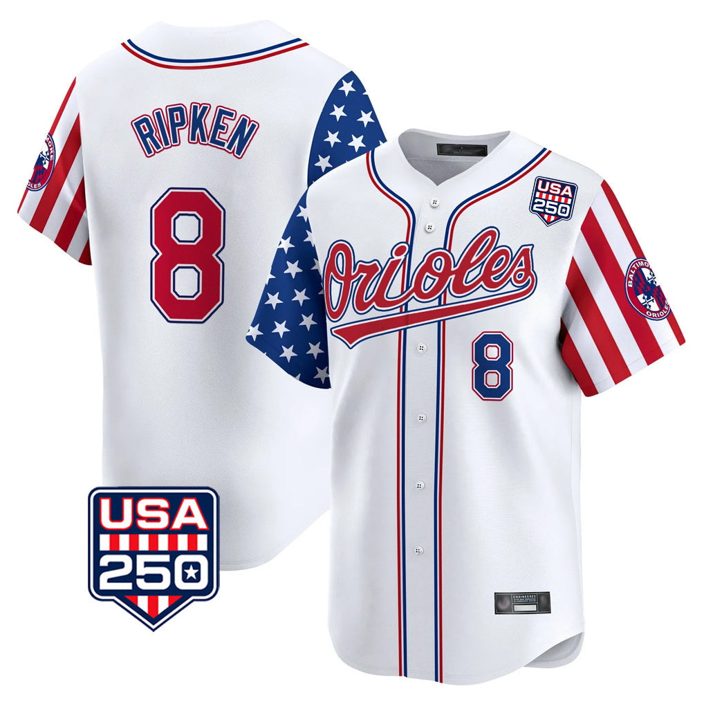 Keante B.Orioles #8 Cal Ripken Player White USA 250 Independence Day Vapor Premier Home Game Stitched Jerseys