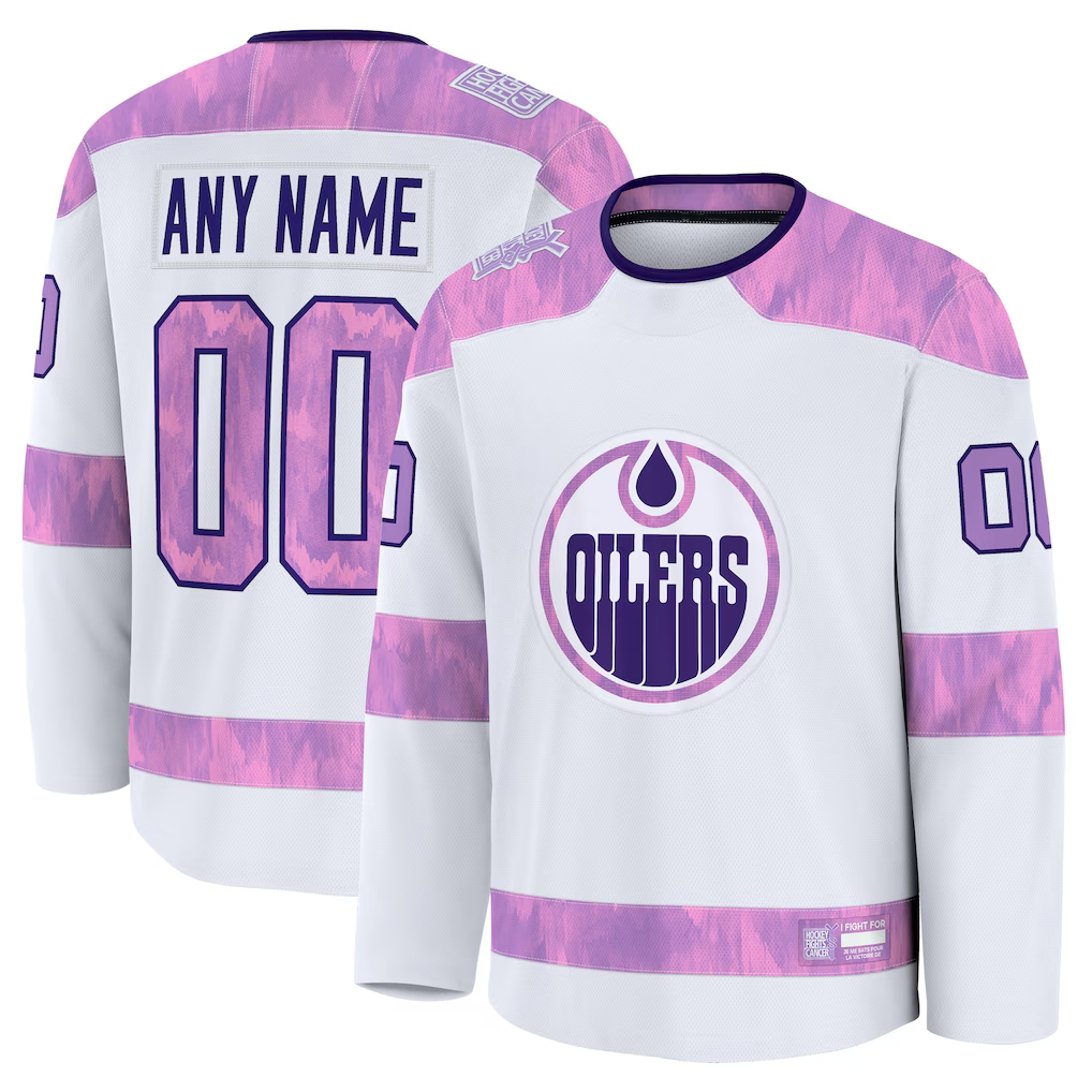 Keante Custom E.Oilers White 2024 Hockey Fights Cancer Practice Jerseys