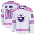 Keante Custom E.Oilers White 2024 Hockey Fights Cancer Practice Jerseys