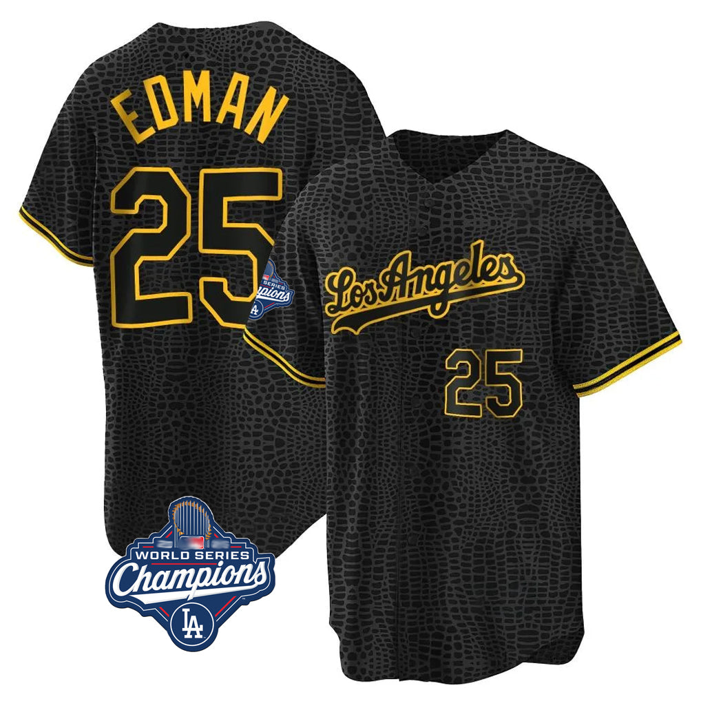 Keante LA.Dodgers #25 Tommy Edman Player Black World Series Meet Snake Skin City Game Home Stitched Jerseys