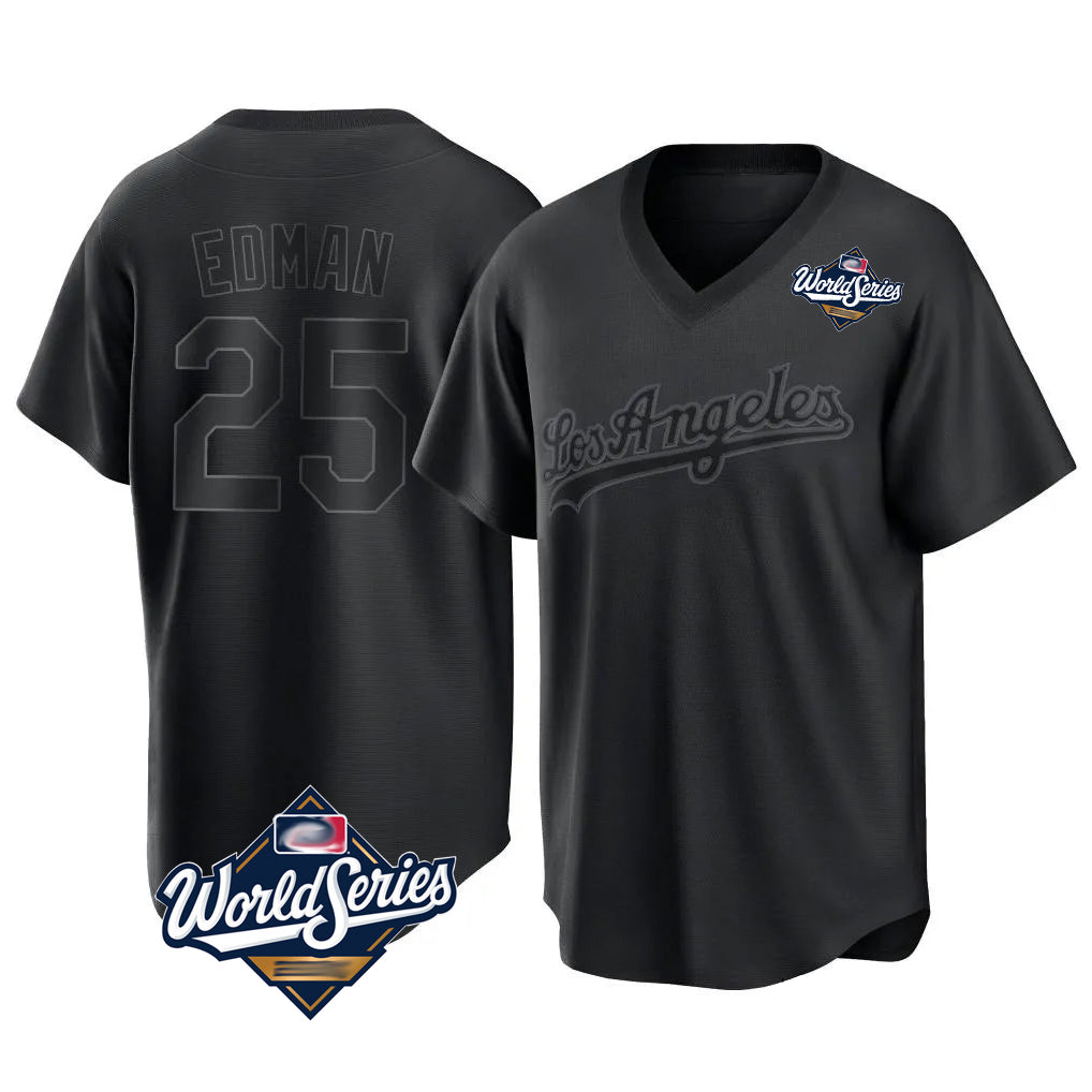 Keante LA.Dodgers #25 Tommy Edman Player Black World Series Pitch Fashion T-shirt Stitched Jerseys