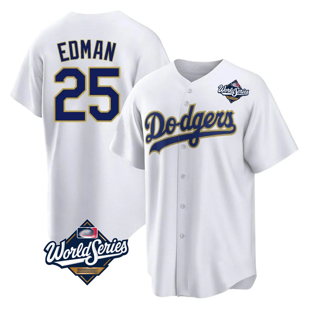 Keante LA.Dodgers #25 Tommy Edman Player Gold White World Series 2026 Collection Stadium Game Stitched Jerseys
