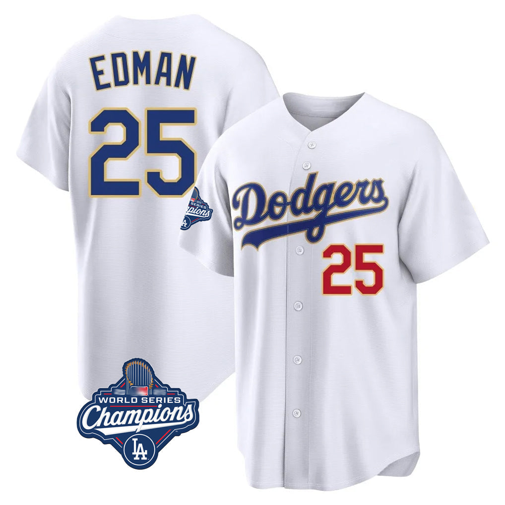 Keante LA.Dodgers #25 Tommy Edman Player Gold White World Series Meet 2026 Collection Stadium Limited Stitched Jerseys